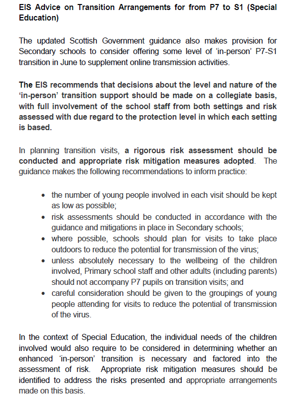 EIS Advice on Transition Arrangements for from P7 to S1 (Special Education)